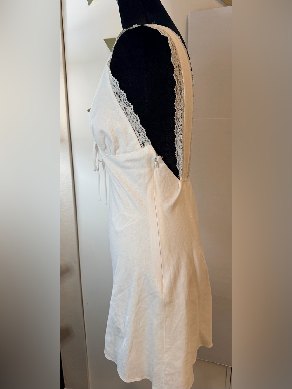 Cotton-Linen Cottage-Core White Lace Double Lined Trim Tie Front Mini Dress M - Picture 4 of 13